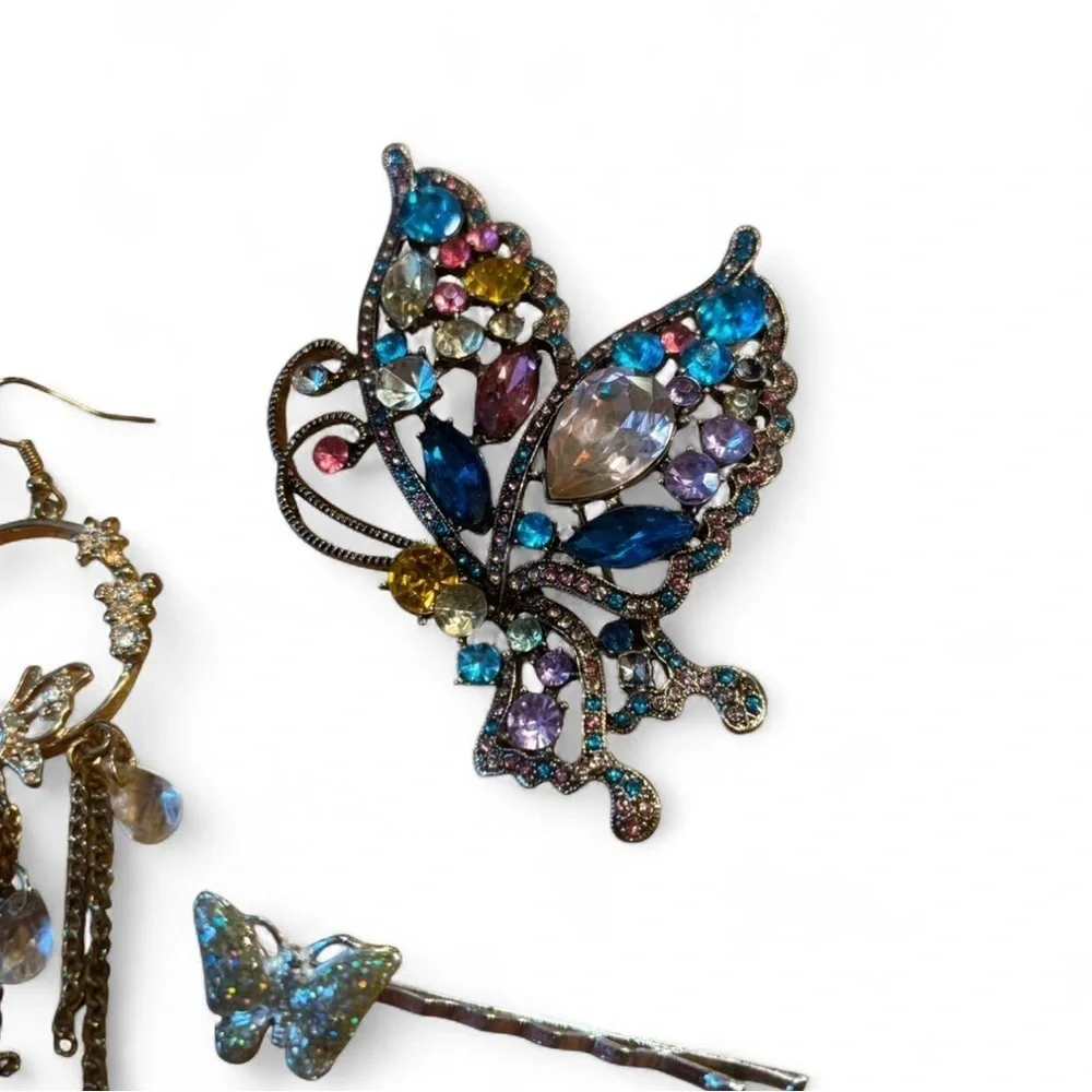 Vintage y2k Butterfly Jewelry Lot Tassel Earrings Rhinestone Brooch Hair‎ Clips